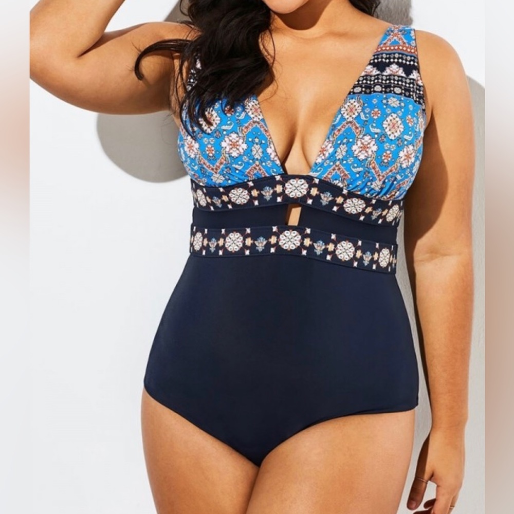Mosaic, one-piece ladies plus sized swimsuit.